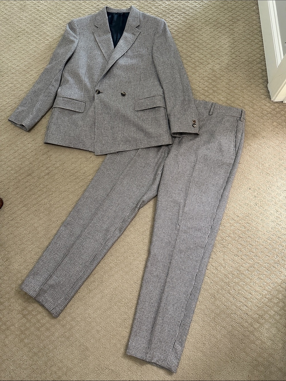 Billy Reid Wool Cashmere Houndstooth Suit 42R 35 Double Breasted